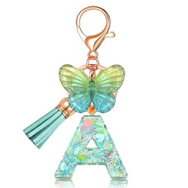 JINGUAZI Initial letter Keychains for Women Tassel Butterfly Pink Purple Cute Car Keychain for Wallet Backpack bag charm (A-Green)