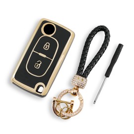 TPU Car Key Cover For Peugeot 308 207 307 3008 5008 807 Expert Partner and Citroen C3 Picasso C-Crosser C2 C3 C4 2 Buttons Car Key Fob (Black) with Screwdriver and Diamond lanyard