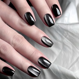 Cat Eye Press on Nails Short Square Fake Nails Black Acrylic Nails Press ons Glossy Glue on Nails Daily False Nails Shiny Artificial Nails Full Cover Stick on Nails for Women 24Pcs