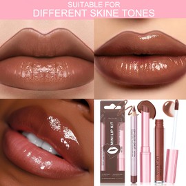 Wugbc 3Pcs Brown Lip Liner and Lipstick Combo Matte Lip Liner Pencil Hydrating Lip Gloss Pack Long Lasting Plumping Lip Kit for Women Makeup Non-Sticky Liquid Lipstick Pen Precise shaping, #4