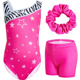 Gogokids Girls Three Piece Gymnastics Set, Y Neck Sleeveless Leotard with Shorts and Headband, Ballet Dancing Leotard Gymnastics Outfit with Blue & Purple Colour Block Design, 3-12 Years, Pink Black