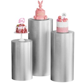 Putros Cylinder Pedestal Covers Silver 3Pcs Spandex Cylinder Plinth Stand Cover Bronzing Elastic Cloth Cover for Party Wedding Props Event Decor