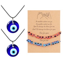 Evil Eye Necklace Bracelets Set Evil Eye Bracelets Beaded Mal De Ojo Necklaces Blue Evil Eye Necklace Protection Evil Eye Jewelry Set for Women (4 Pcs Evil Eye Necklace Red Black Bracelets Set)