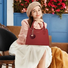 IGOLUMON Top-Handle Handbag PU Leather Purses for Women Crossbody Shoulder Bag Designer Handbags Waterproof Tote Purse for Womens Ladies Anti Theft Fashion Satchel Bags with Pompom Red