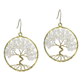Eternal Tree of Life Cultured Freshwater White Pearl Branch Brass Dangle Earrings