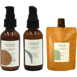 Remedios del Bosque Kit de Viaje, Hidrata, Protege del Sol y de Insectos, Tamaño para llevar en Avión, Especial para Playa, Incluye Repelente, Gel Aloe Vera y Protector Solar FPS 30+.