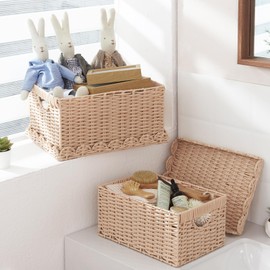FairyHaus Scalloped Wicker Basket Cream, Waterproof Wicker Storage Basket with Handles and Removable Tray Lid, Handwoven Plastic Wicker Baskets for Nursery 2Pack, 15 x 11.22 x 7 & 13 x 9.45 x 5.9