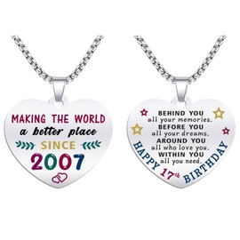 17th Birthday Gifts for Girls - Born In 2007 Birthday Gifts - Engraved Stainless Steel Heart Pendant Necklace - 17 Year Old Girls Birthday Gift