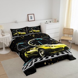 Feelyou Yellow Black Race Car Comforter Set Twin Size, Extreme Sports Car Duvet Set 2Pcs Reversible
