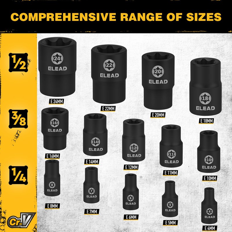17-Piece Inverted E-Torx Socket Set - Impact Chrome Vanadium Steel