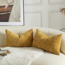 MANDIOO Pack of 2 Soft Chenille Textured Throw Pillow Covers Lumbar Accent Solid Decorative Cushion Cover Cozy Farmhouse Pillow Case for Couch Sofa Bed Living Room 12x20 Inch Ginger