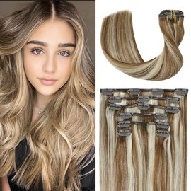 UGOTRAYS Clip In Extensions Real Human Hair Balayage Light Brown to Bleach Blonde Highlights Remy Human Hair Extensions 18 Inch 70g Double Weft 7pcs #6p613 Human Hair Clip in Extensions