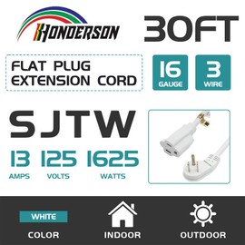 HONDERSON Flat Plug Indoor Extension Cord, UL Listed, 16 Gauge 30FT White 3 Prong Heavy Duty Extension Cord, 16/3 SJTW 13A Power Extension Cord for Lights, Appliances, Home