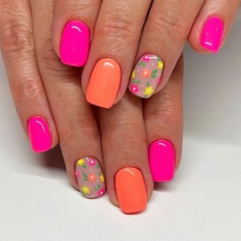 Pink Press on Nails Orange Short Square Fake Nails with Mini Flower Design Spring Glue on Nails Summer False Nails Full Cover Glossy Reusable Floral Nail for Women Girls Manicure 24pcs