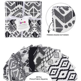 Soimoi Ikat Print Precut 5-inch Cotton Fabric Quilting Squares Charm Pack DIY Patchwork Sewing Craft- White & Black