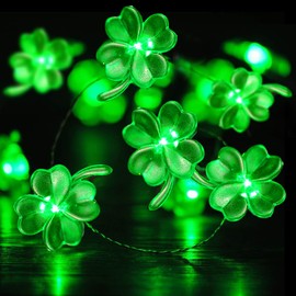 BOHON - Cadena de luces LED para decoración del día de San Patricio, funciona con pilas con mando a distancia de 10 pies, 40 ledes, trébol de la suerte, luces verdes para recámara, fiesta, fiesta del