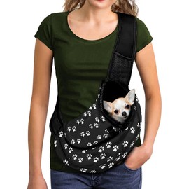 FUSURIRE Black White Puppy Paws Sling Bag Carrier for Pets Cats Dogs Cute Front Pocket Travel Safe Breathable Mesh Pet Carrier with Adjustable Strap and Plug Hook Design