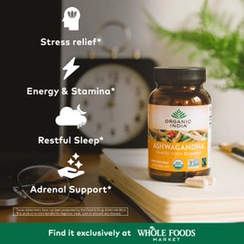ORGANIC INDIA Ashwagandha Capsules - Organic Ashwagandha Supplement - Vegan Ashwagandha Root, Gluten-Free, Kosher, Non-GMO, Supports Stress Relief, Energy, and Sleep - 60 Capsules