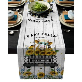 Cotton Linen Table Runner, Kitchen Table Runners for Family Dinner, Banquet, Parties and Celebrations, Farm Theme Buffalo Check Plaid Truck with Cow Sunflower Rustic Wooden Table Decor, 13 x 70 inch