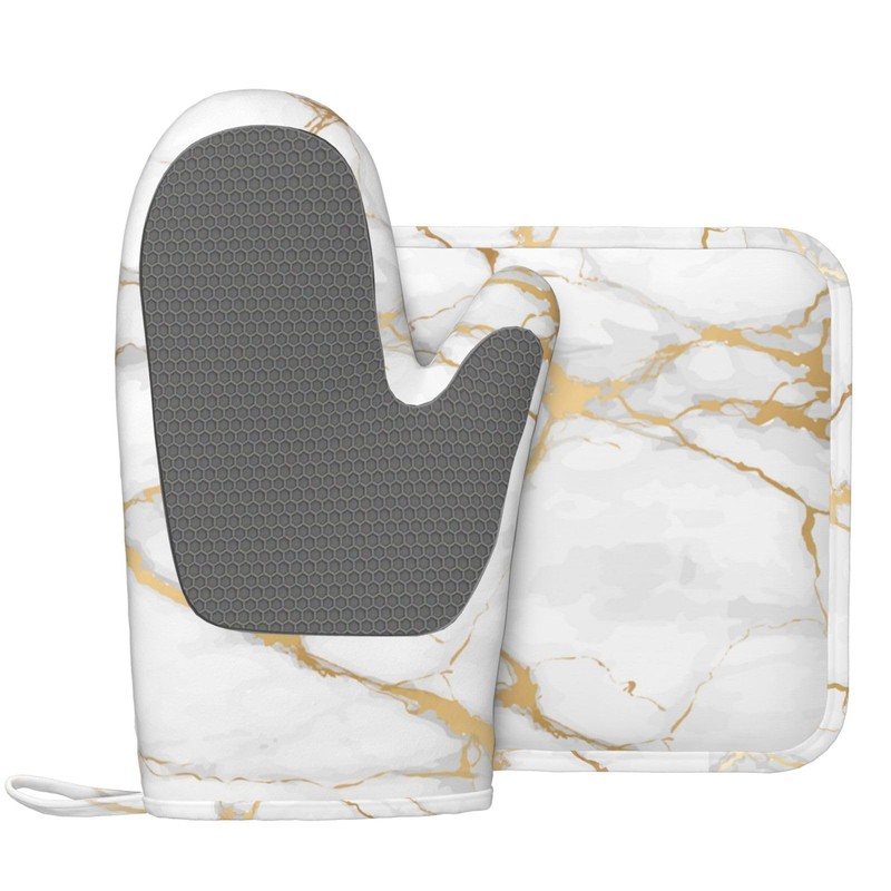 Oven Mitts and Pot Holders White Gold Marble Abstract Silicone