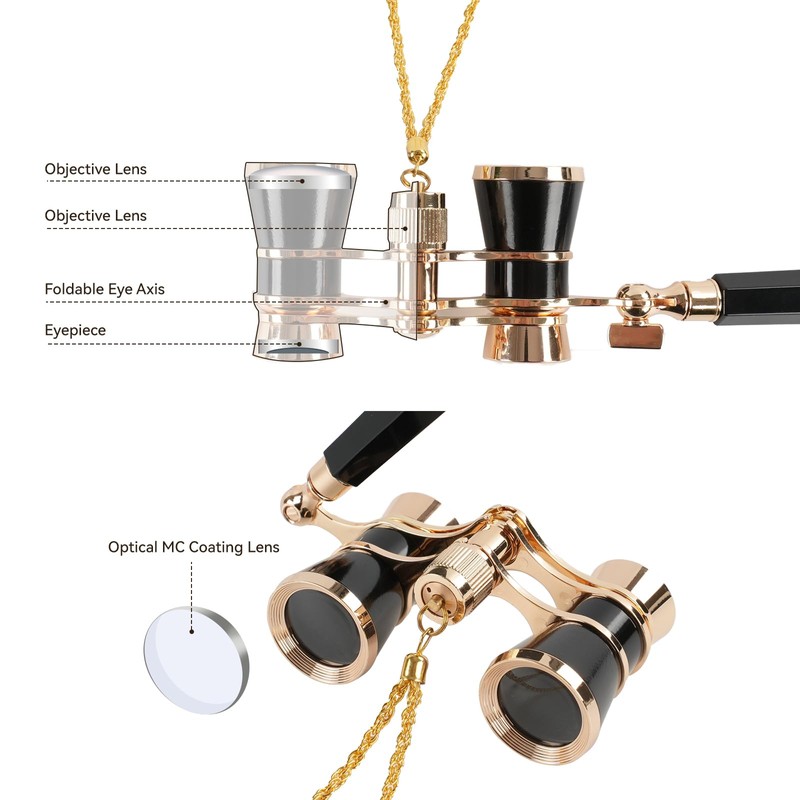 BOSTRON Opera Glasses 3X25 with Adjustable Handle & Chain,BK9 Optical
