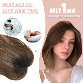 MORICHY Synthetic Hair Toppers for Thinning Hair, 12'' Hair Toppers with 6.5X6.5inch Big Base Cover for Adding Extra Hair Volume Soft Ombre Brown Toppers with Bang (Ombre Brown 3 color tone)