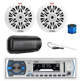 Pyle PLMRB29W Marine Single DIN Bluetooth MP3 Stereo Receiver, Radio Cover, 2X 6.5 200 Watt Peak Full Range 2-Way Waterproof Audio Speakers w/Wire, Long Range Antenna