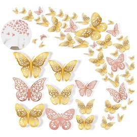 72 PCS 3D Butterfly Wall Stickers, Gold and Rose Gold Butterfly Wall Decor 3 Styles 3 Sizes Removable Sticker Butterfly Cupcake Toppers, Wedding Birthday Party Decorations for Girls Bedroom Decoration