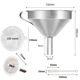 Kitchen Funnels 13cm Stainless Steel Funnel Set with Handle Filter Removable Strainer and Brush 200 Mesh Strainer for Jam Oils Juice Coffee Cooking Transferring Liquid
