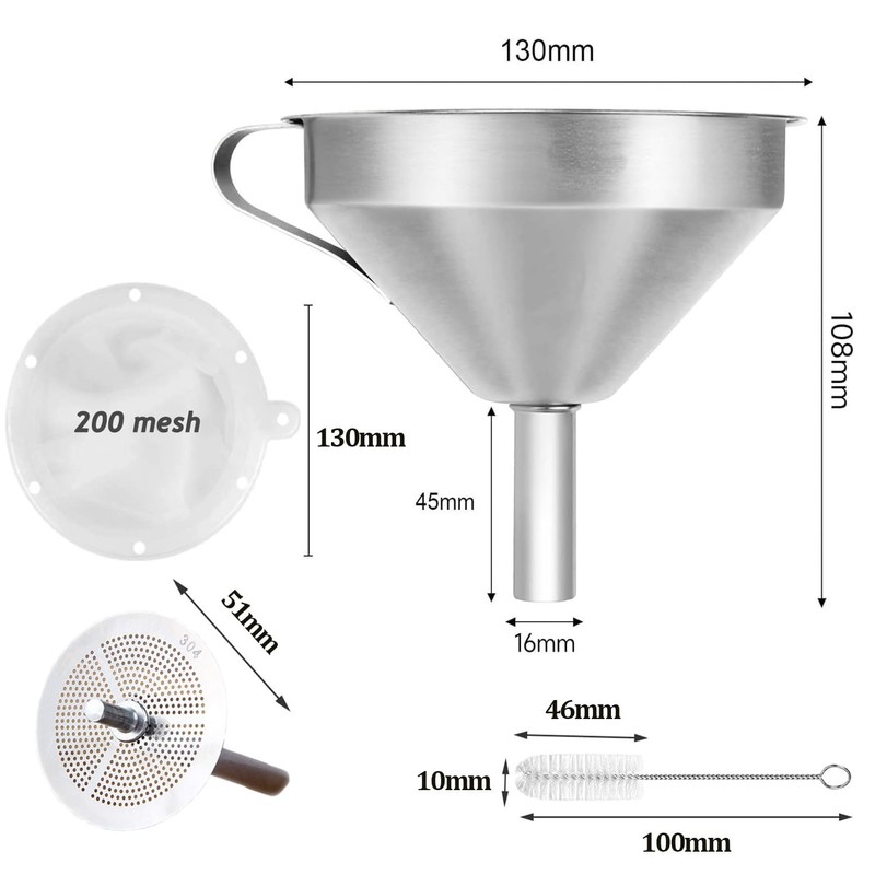 Kitchen Funnels 13cm Stainless Steel Funnel Set with Handle Filter