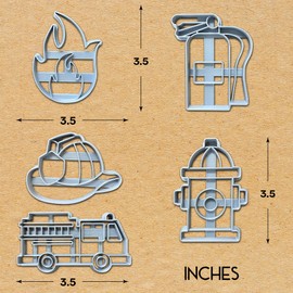 Moose Goods Firefighter Cookie Cutters for Baking - Set of 5 Cookie Cutters with Stamp - Includes Fire Truck Cookie Cutter, Fire Helmet, Fire Extinguisher, Fire Hydrant, & Flame Cookie Cutter - Silver