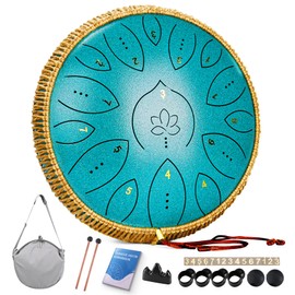 Steel Tongue Drum 13 Inches 15 Notes, Hand Pan Drums for Adults 432hz, C Major Handpan Musical Instrument with Song Book, Mallets and Carry Bag, Malachite Green