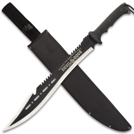 Devil Dogs Full Tang Machete with Sheath Military - Black Handle | AUS-8 Stainless Steel | 17 ¾” Razor Sharp Blade | Sawback Serrations & Gut Hook | No Slip Handle | Two-Toned Finish - 25" Length