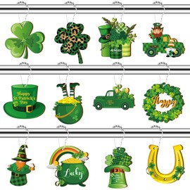 Barydat Set of 24 St. Patrick's Day Wood Shower Curtain Hooks Irish Shower Curtain Rings Decorative Clover Green Hat Rust Resistant Hooks for Bathroom Bedroom Decorations Accessories
