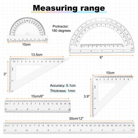 sourcing map 6pcs Triangular Ruler Set 15/30cm Plastic Metric Inch Geometric Protractor Triangle Engineering Scale Drafting Ruler Kit for Office Home