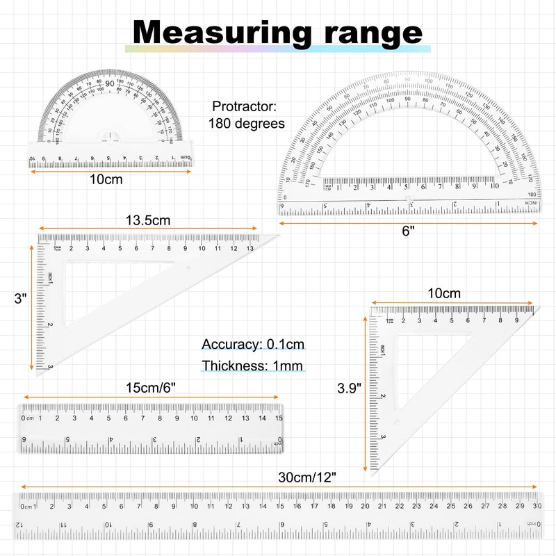 sourcing map 6pcs Triangular Ruler Set 15/30cm Plastic Metric Inch