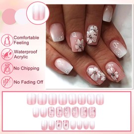 Ceboic Floral French Press on Nails Short Square, Nude Pink Gradient False Nails with Flowers Design, Acrylic Gel Fake Nails, Natural Full Cover Stick on Nail for Women Daily Party Wedding Wear 24PCS
