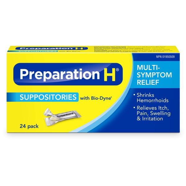 Preparation H Multi-Symptom Hemorrhoid Treatment Suppositories with Bio-Dyne, 24-Count