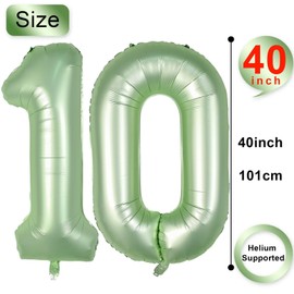 Sage Green 10 Self Inflating Balloons - 40 Inch Olive Green Digital Foil Mylar Helium Balloons for 10th Birthday Decorations Graduation Anniversary