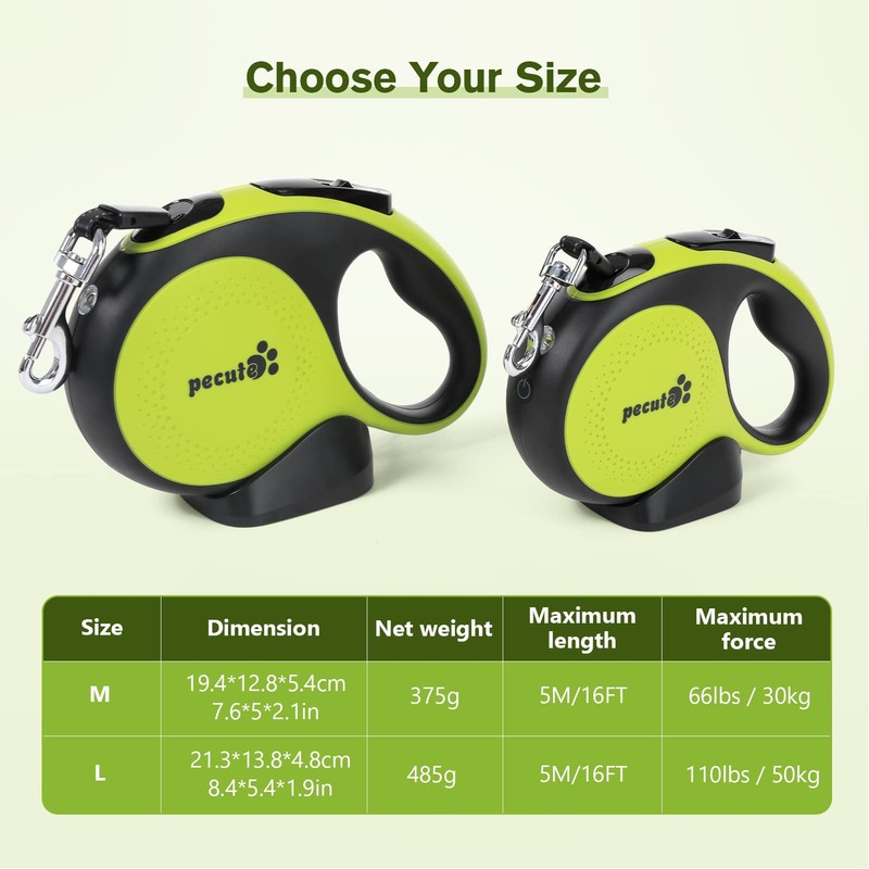 Pecute 16 ft Retractable Dog Leash with LED Light Rechargeable,