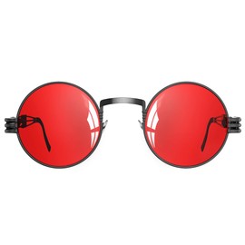 Yvey Essence Vintage Round Steampunk Sunglasses for Women Men Circle Lennon Hippie Style Glasses Metal Frame (Black Frame/Red Lens)