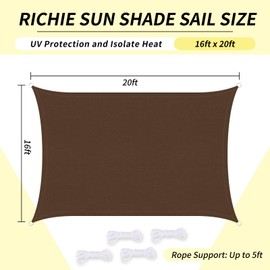 RICHIE Upgrade 16'x20' Sun Shade Sail Rectangle Canopy, Water Resistant & UV Block Sunshade for Outdoor Patio Lawn Beach Garden Carport Backyard Deck Pergola, Brown