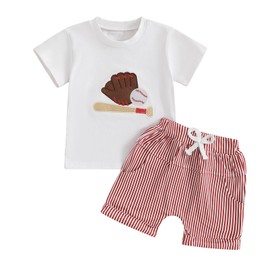 Licupiee Toddler Baby Boys Baseball Outfits Embroidery Short Sleeve T Shirts and Plaid Shorts Set 2Pcs Summer Clothes Sets (White, 6-12 Months)