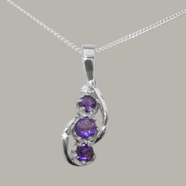 925 Sterling Silver Real Natural Amethyst & Diamond Womens Pendant & Chain Necklace - Chain length 18