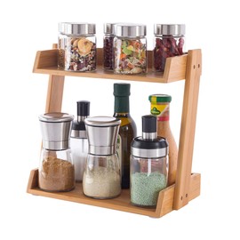 GOBAM Cabinet Shelf Organizers, Kitchen Countertop Organizer 2-Tier Cupboard Stand Spice Rack, Bamboo
