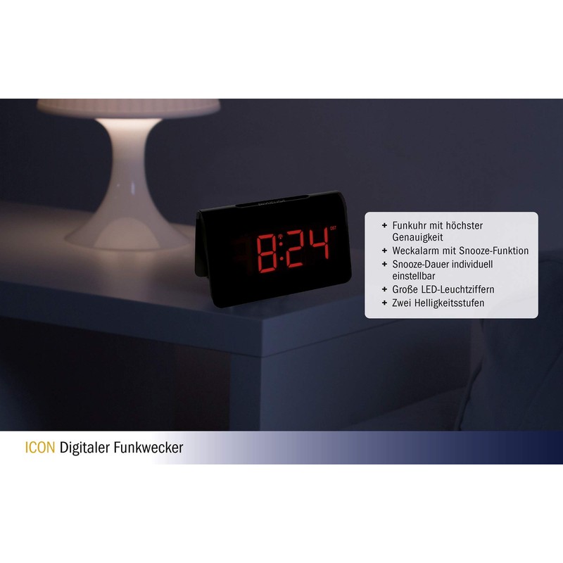 TFA Dostmann ICON 60.2543 Digital Radio-Controlled Alarm Clock, Plastic, Black,