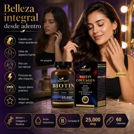 Biotina Winyel 25000 Mcg Colágeno Queratina 60 Cápsulas