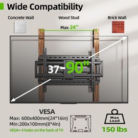 USX MOUNT Heavy Duty for 37-90 inch Large Full Motion TV Wall Mount, Up to 150lbs & 24" Wood Studs, Wall Mount TV Bracket with Smooth Swivel, Tilt, Extension, Max VESA 600x400mm