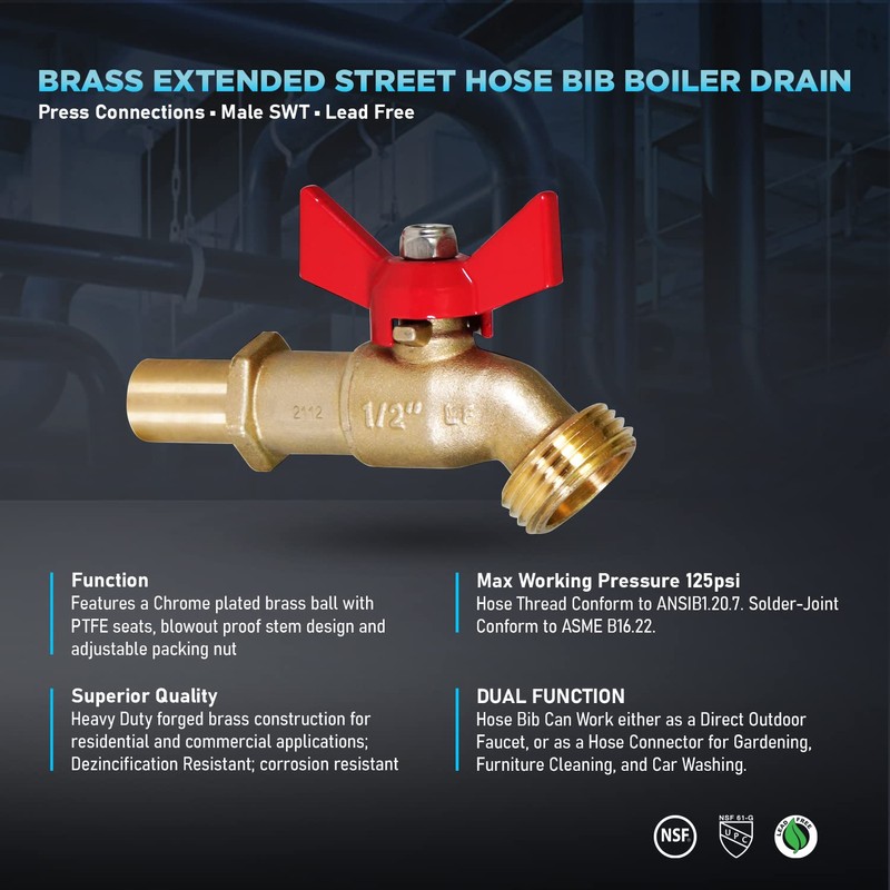 Midline Valve 12CETY-NL Extended Street Hose Bib Boiler Drain, 1/2’’