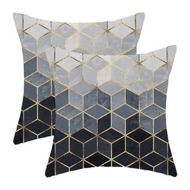 Boho Blue Pillow Covers 18 x 18 Inch Set of 2 Abstract Navy Blue Golden Geometric Throw Pillows Outdoor Decorative Modern Art Cubic Pillowcase Linen Cushion Cases for Bed Sofa Couch